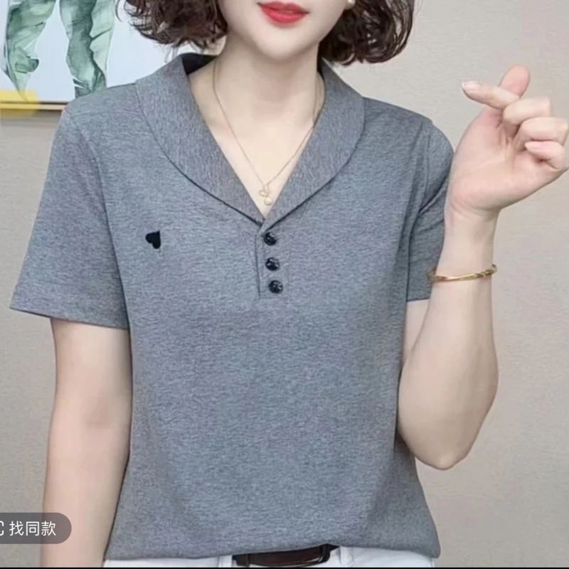 （运费补贴）2025新款洋气百搭减龄女显示短袖翻驳领T恤女上衣显