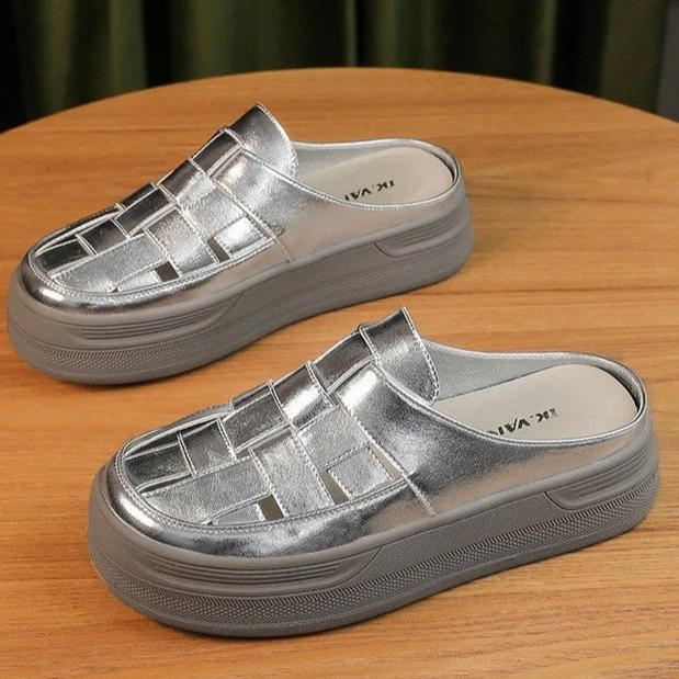 包头编织镂空拖鞋女外穿2025年夏季新款复古厚底懒人凉鞋