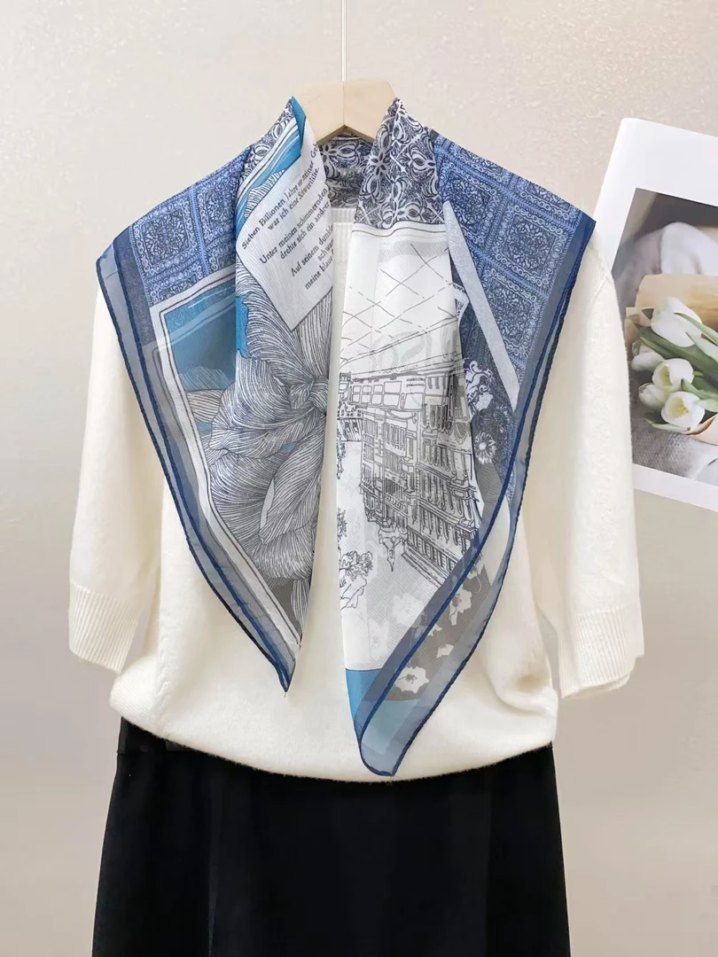 蓝色佩里色70*70祥云长巾ins丝巾拼色时尚夏季洋气百搭外搭护颈