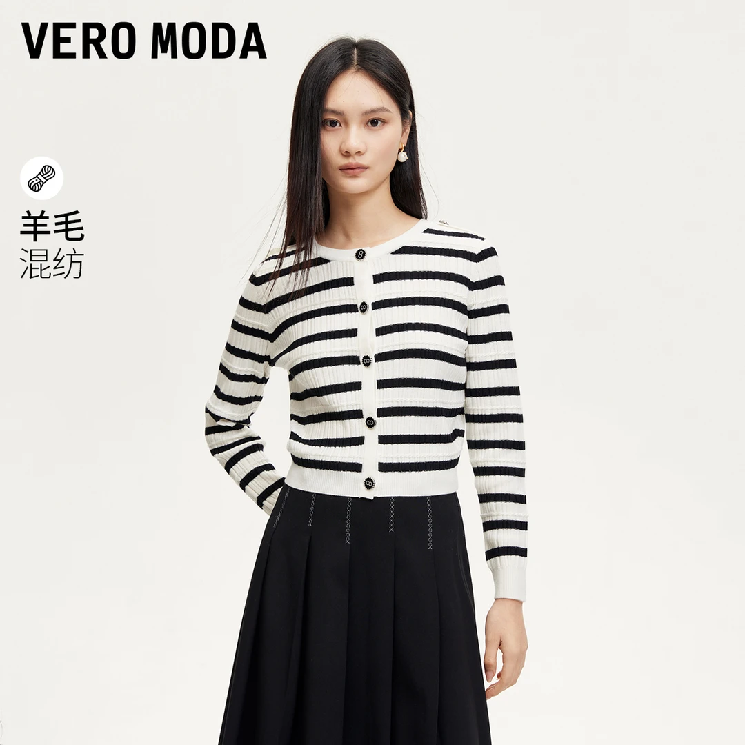Vero Moda新款针织衫女圆领九分袖精致肩扣百搭老钱风324324030