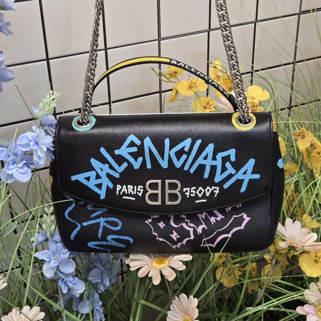 99新 Balenciaga/巴黎世家 达达/黑银涂鸦链条包