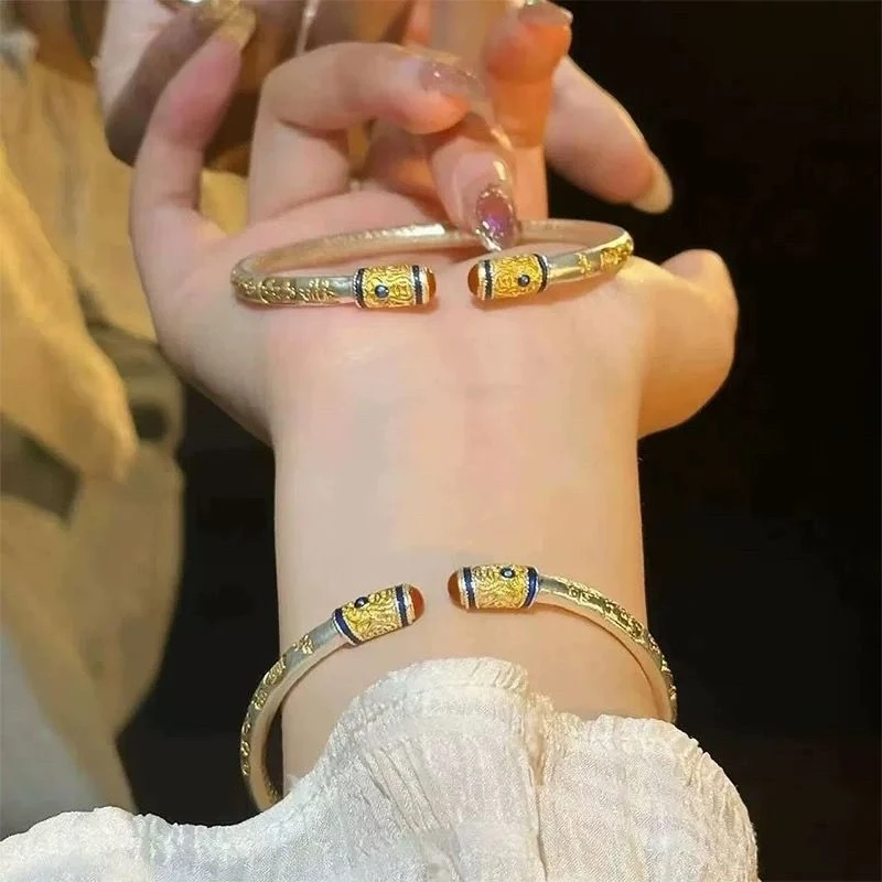 足银手镯 999.9足银28g复古宫廷风描金珐琅彩唐草纹女纯银手镯子