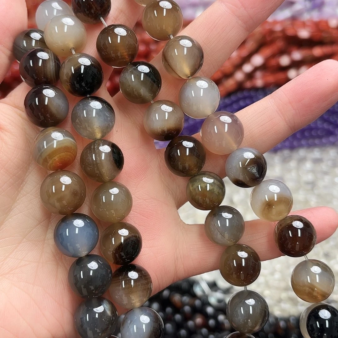 玛瑙/玉髓未镶嵌珠宝半成品卡14透灰黑玛圆珠一条