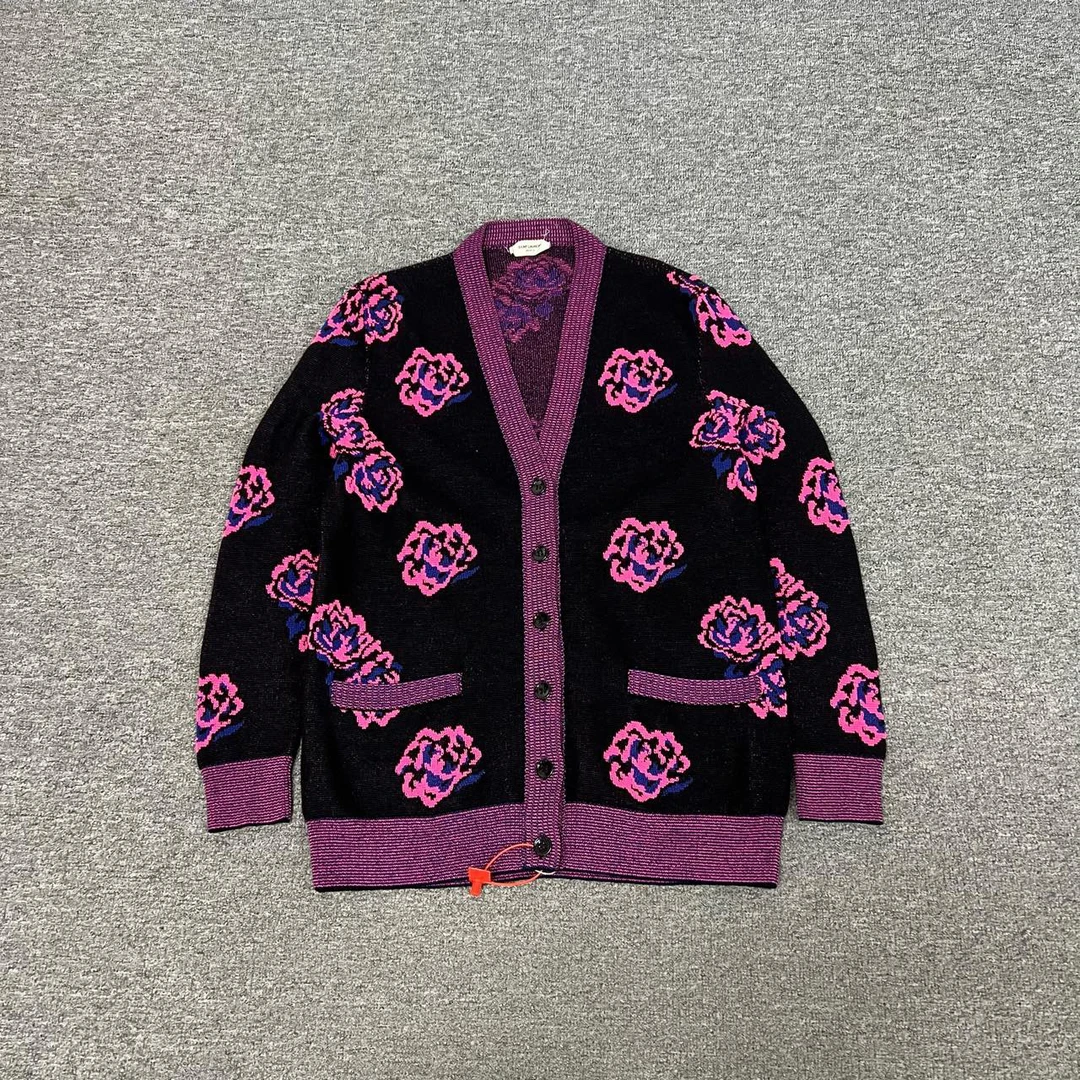 99新 YSL/圣罗兰 黑色 紫色 针织 花卉 开衫 xs码