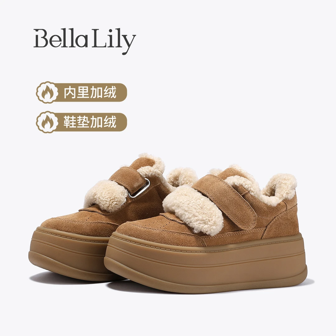BellaLily2025秋冬新款复古魔术贴厚底鞋女小众牛皮休闲鞋毛毛鞋