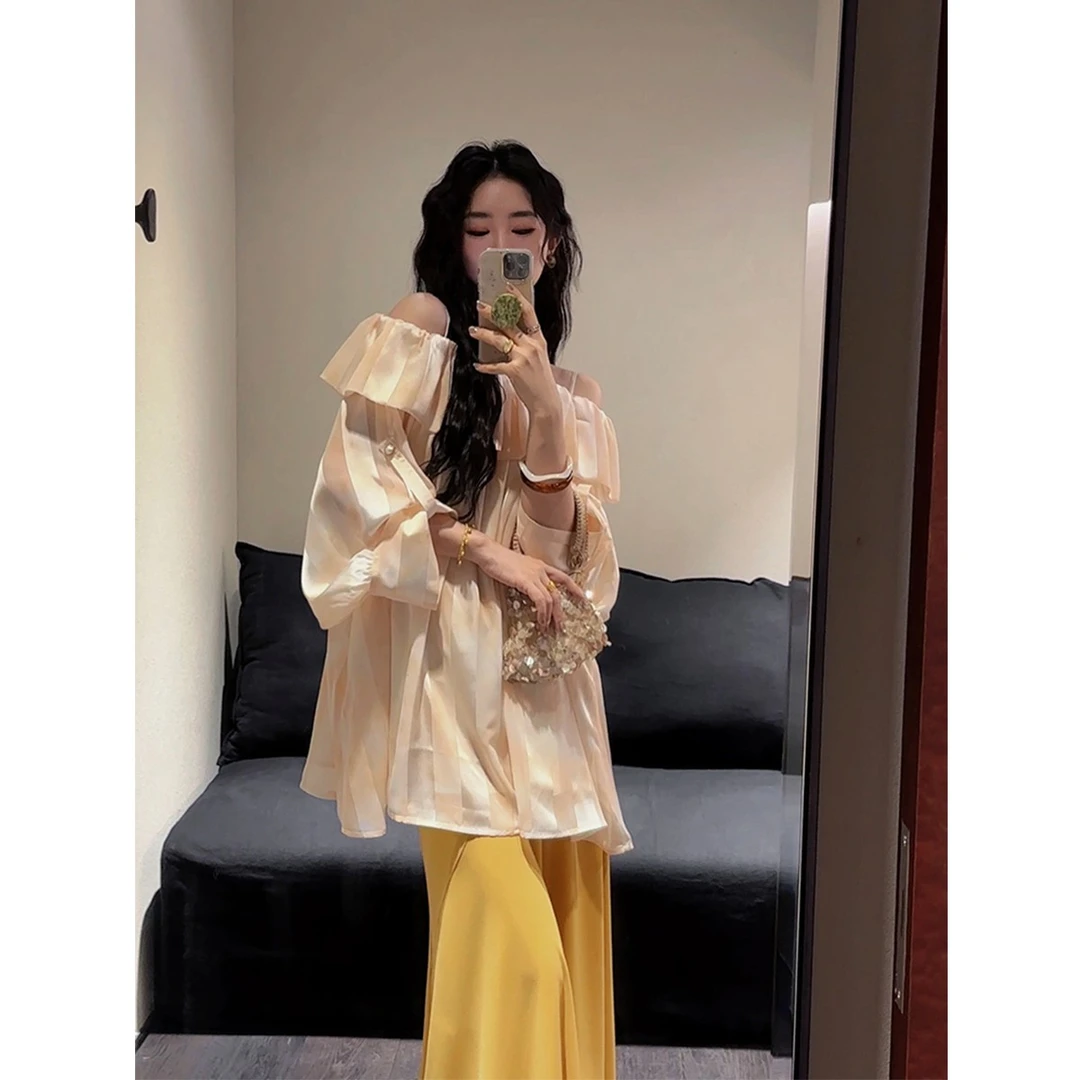 【云C专属】三吉黑花【悸动】 缎面新中式一字肩上衣独特漂亮小衫2024