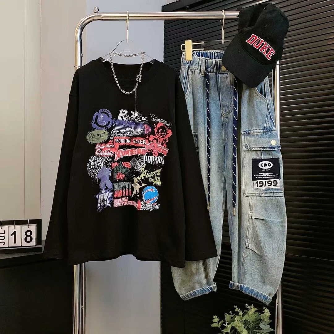 【嘟妈童装】2025春季新款儿童韩版卫衣中大童涂鸦T恤5756