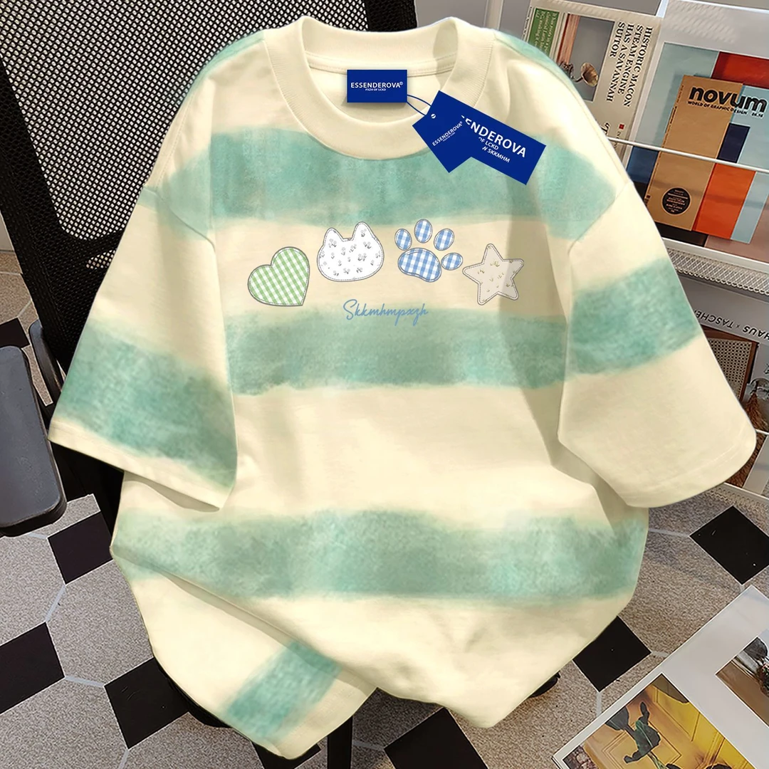 100%纯棉甜美设计风短袖t恤男女夏季爆款宽松日系圆领情侣上衣服