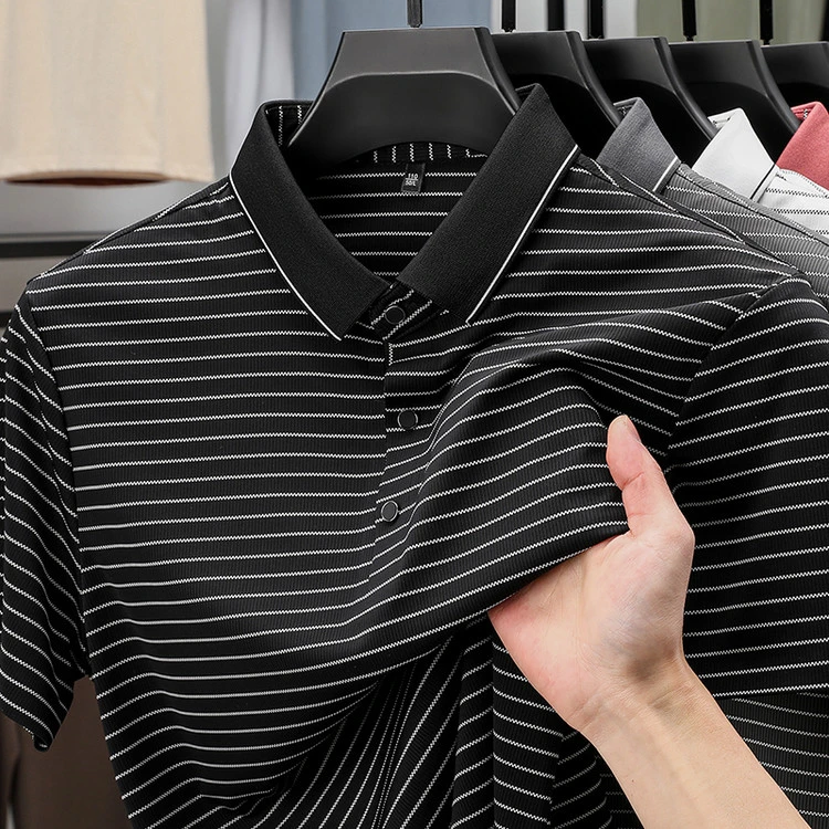 玖迪鹿横条纹短袖T恤男2025夏季新款中年商务翻领弹力宽松polo衫