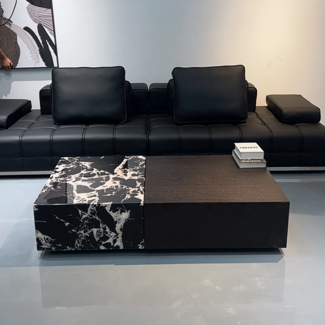 意式极简岩板长方形茶几小户型实木带储物客厅实木茶几家用个性