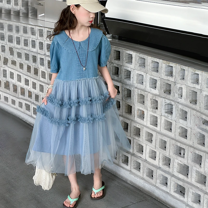 女童牛仔连衣裙夏装新款中大童洋气韩版公主裙纱裙夏季牛仔裙薄款