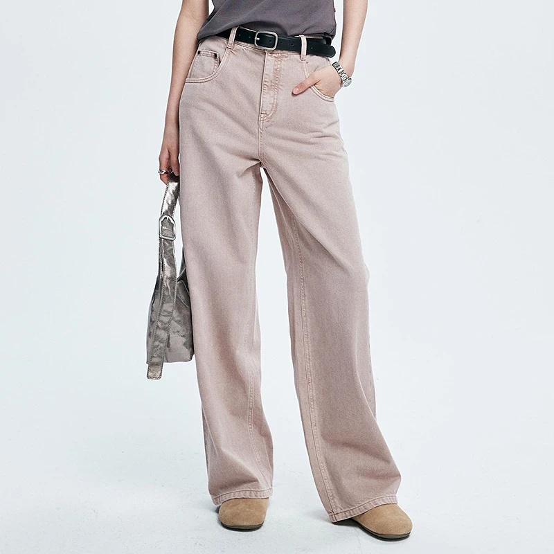 初棉高腰复古陶土色灰粉色重工成衣水洗阔腿牛仔休闲裤362619002