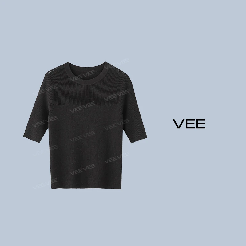 VEE【浪漫讯号】微透感拼接打底中袖百搭时尚休闲针织衫