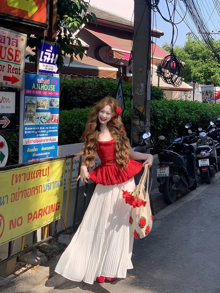 2025夏季新款韩系穿搭甜美风红色波点上衣高腰半身裙显瘦两件套女