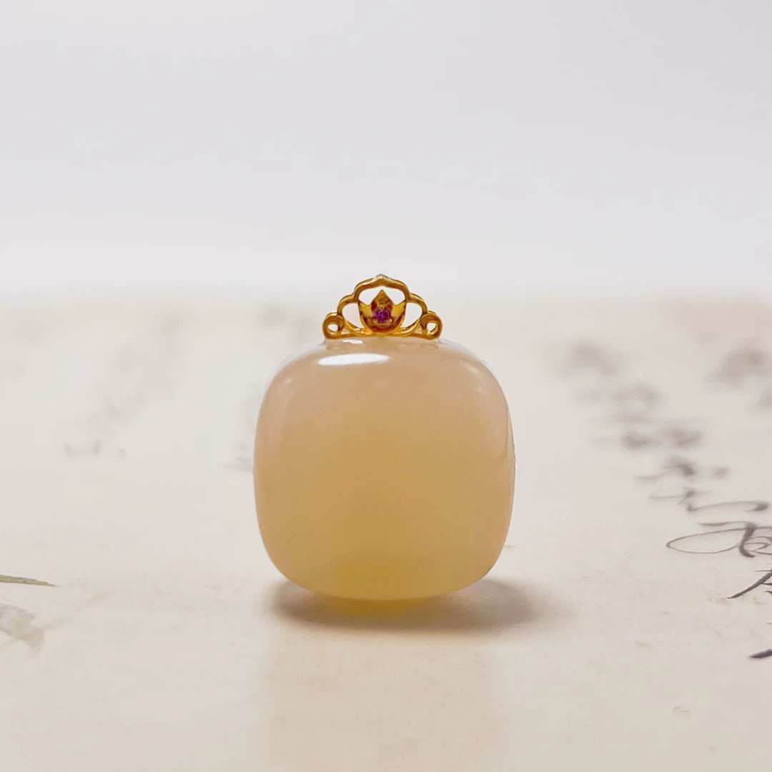 【藕纱】和田玉红藕粉小方糖18K镶嵌扣头（多样性发其一）