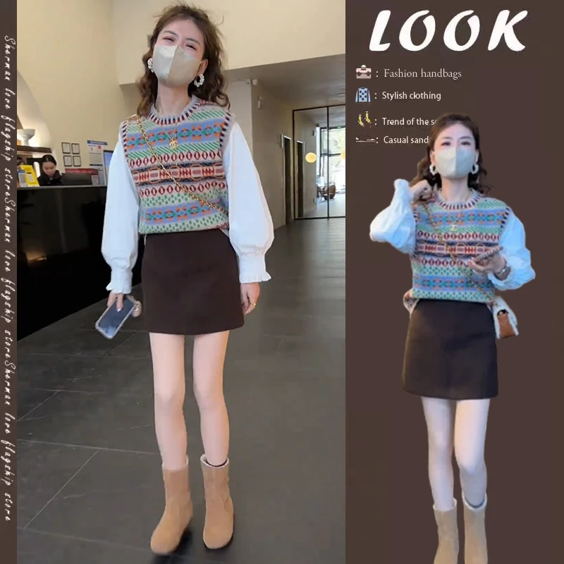 早秋时尚设计感2025新款韩版提花针织马甲百搭打底衫半身裙三件套