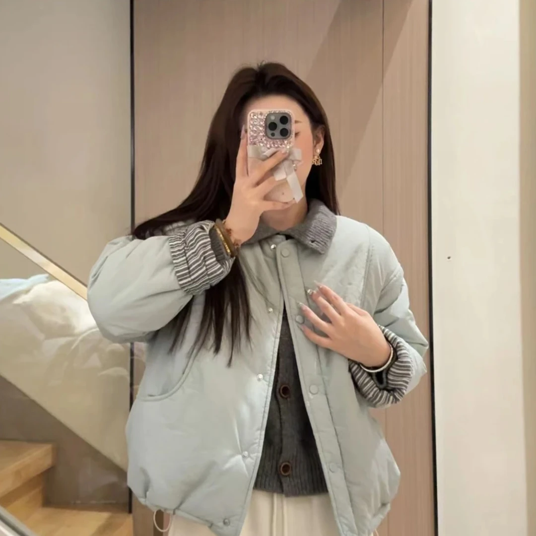 日系百搭宽松短款棉服外套女秋冬新款简约休闲圆领长袖面包服上衣