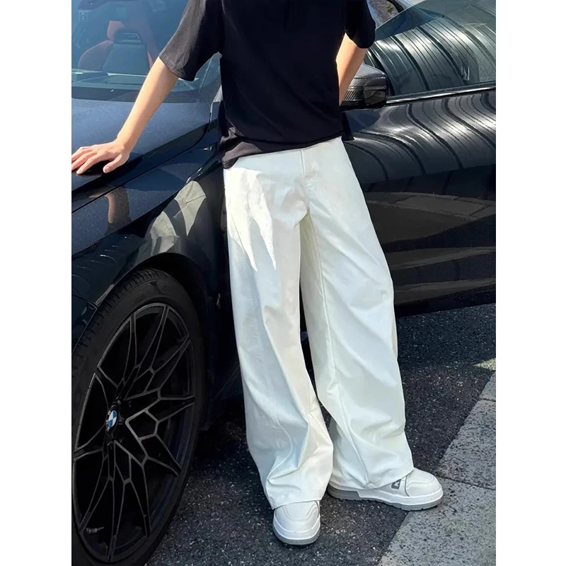 美式高街弯刀白色阔腿裤男秋季cleanfit垂感休闲裤高级感直筒长裤