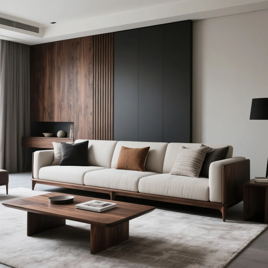 北美黑胡桃木实木布艺直排沙发新中式宋氏美学样板房承接全屋定制