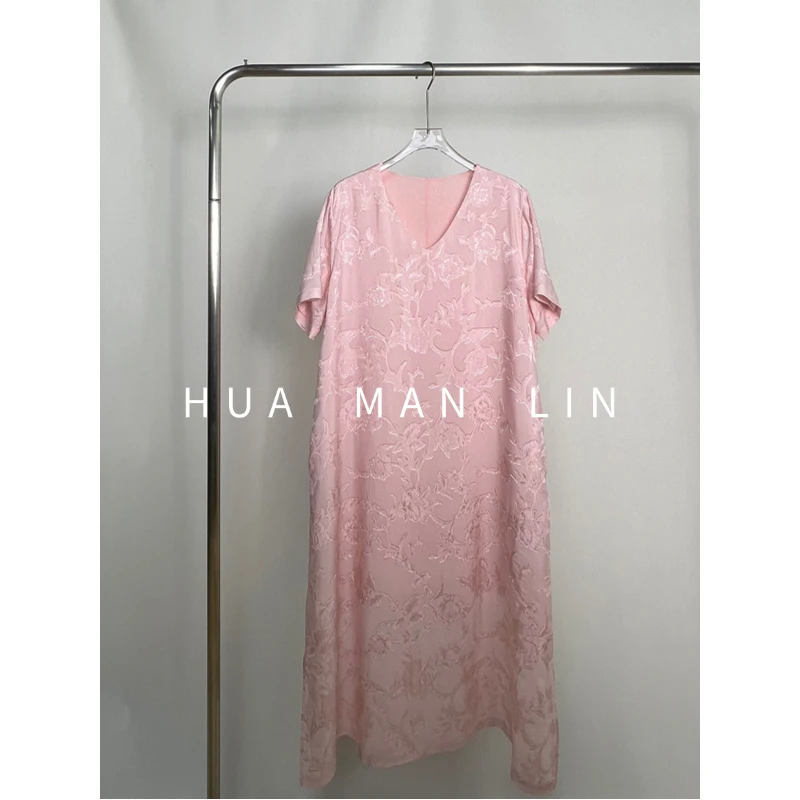 【花满林】V领提花真丝桑蚕丝短袖连衣裙【有腰带】251445