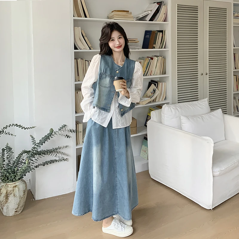 超好看牛仔套装裙女春2025新款韩版减龄马甲提花衬衫半身裙三件套