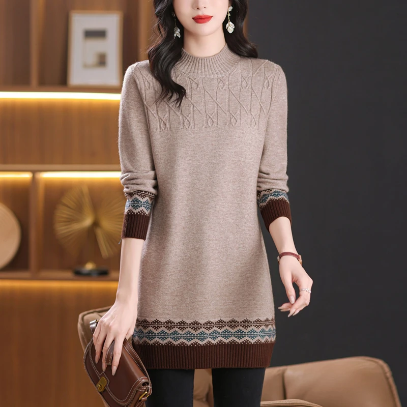 高端正品羊毛衫女中长款毛衣裙半高领宽松时尚提花洋气内搭打底衫