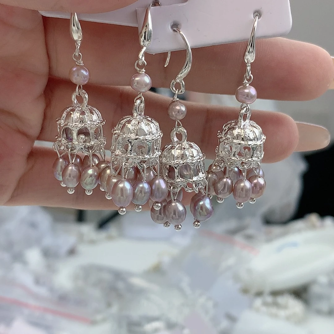 银S925镶嵌耳饰淡水珍珠紫色鸟笼