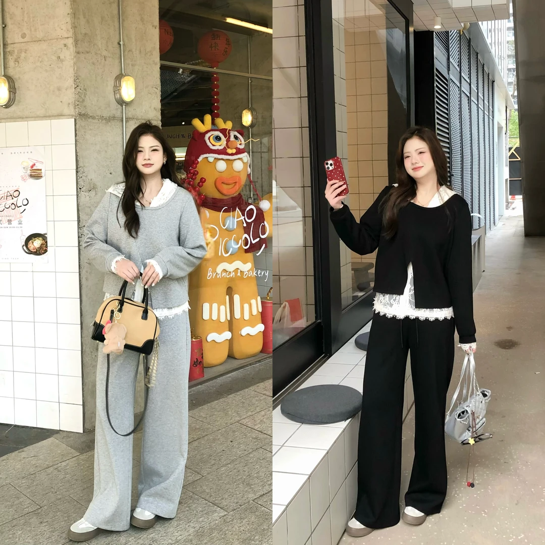 李潇洒【时尚套装】微胖大码时髦卫衣+蕾丝打底+休闲裤三件套