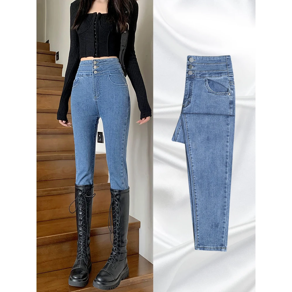 外穿秋季女直筒裤2025年新款高腰小脚裤紧身弹力做旧高腰牛仔裤