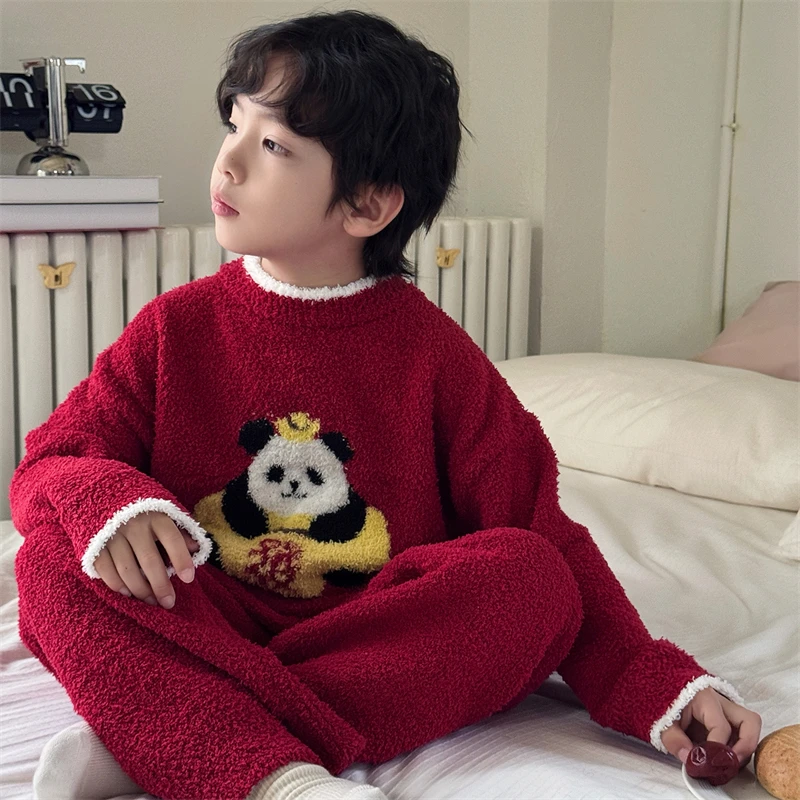 男童秋冬款半边绒睡衣套装2025新款冬季加绒儿童红色珊瑚绒家居服
