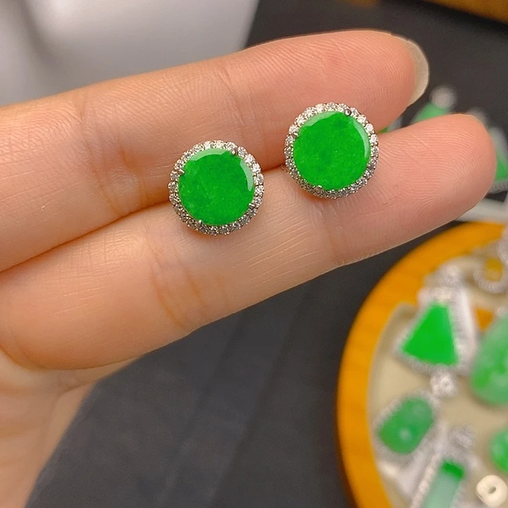 银S925镶嵌翡翠耳饰天然翡翠圆牌