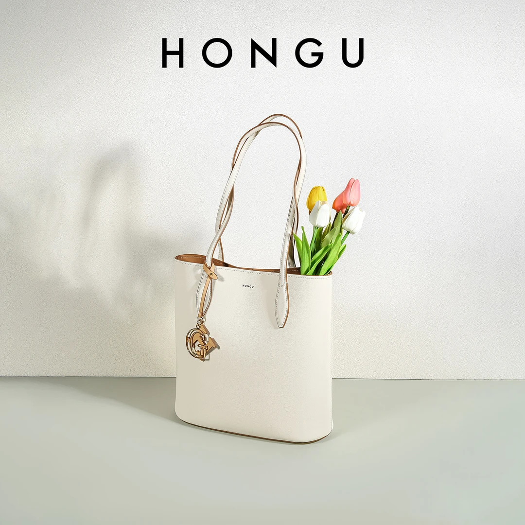 HONGU/红谷新款牛皮真皮单肩手提包时尚挂饰手拎包大容量女包百搭