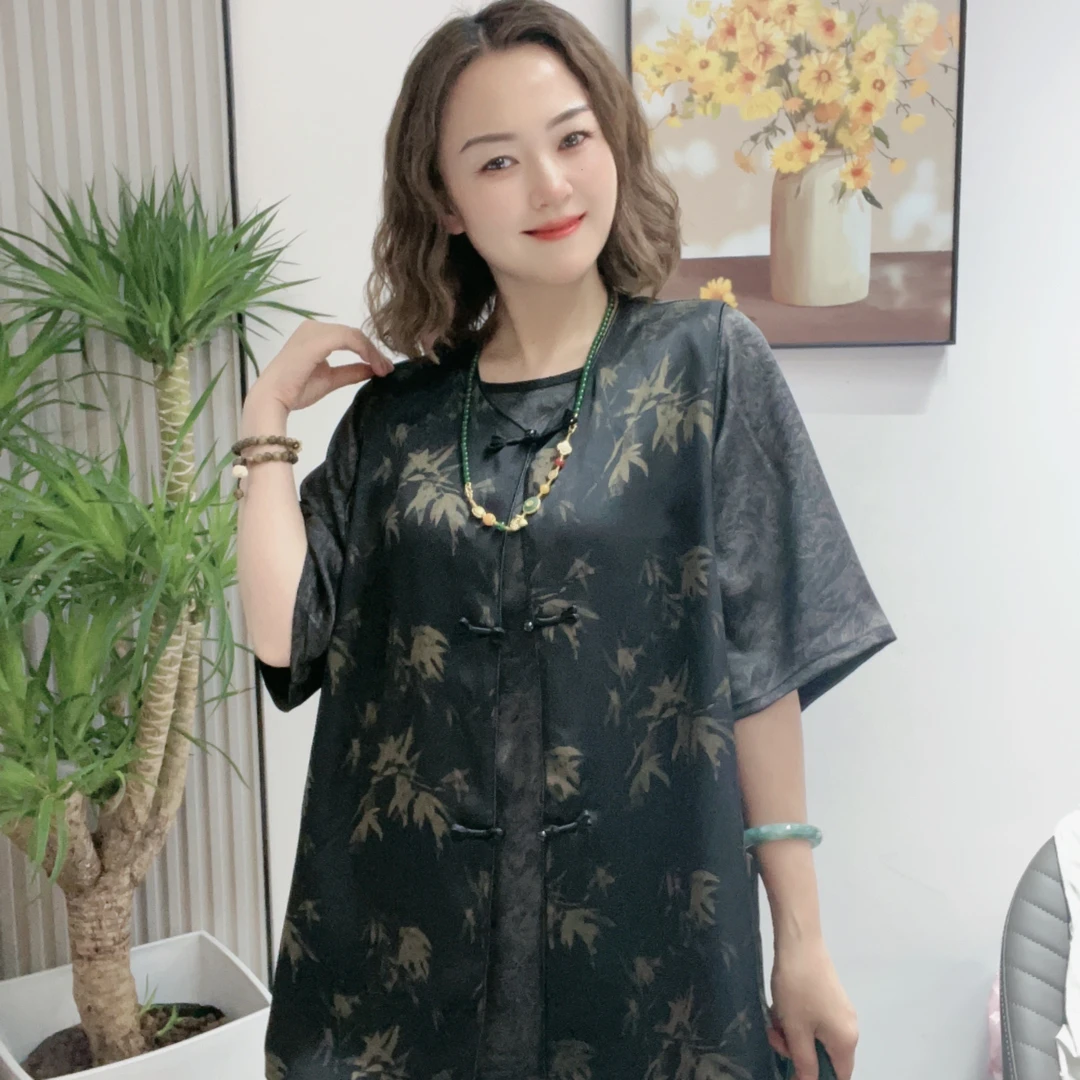 【黑金耀3382+3387金竹马甲】新中式圆领提花短袖休闲上衣+马甲