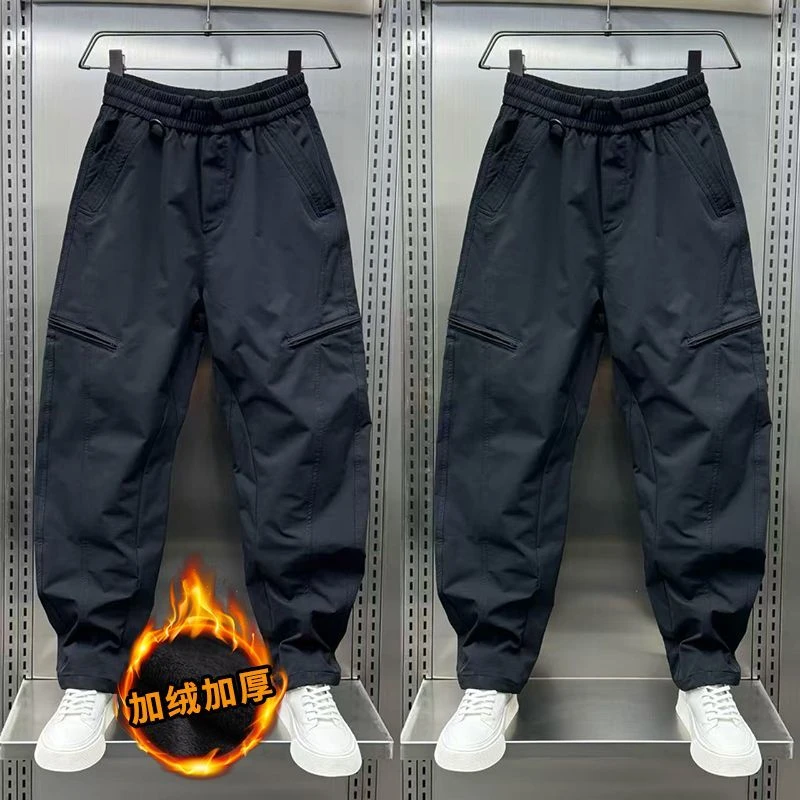 秋冬男士新款复古休闲裤水洗口袋加绒工装裤时尚百搭宽松保暖直筒