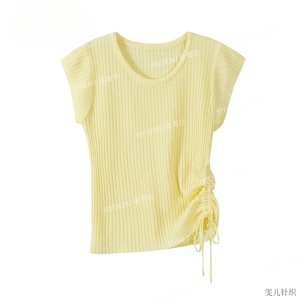 气质新款夏季抽绳针织衫短袖女修身 韩版时尚纯色T恤设计感上衣女
