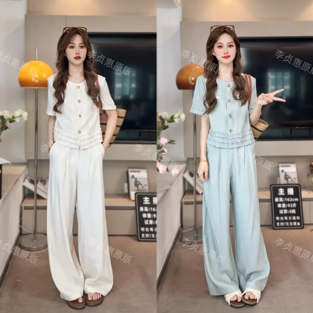 现货/善雅 夏季时尚简约平纹亚麻套装#3133上衣高腰直筒裤两件套