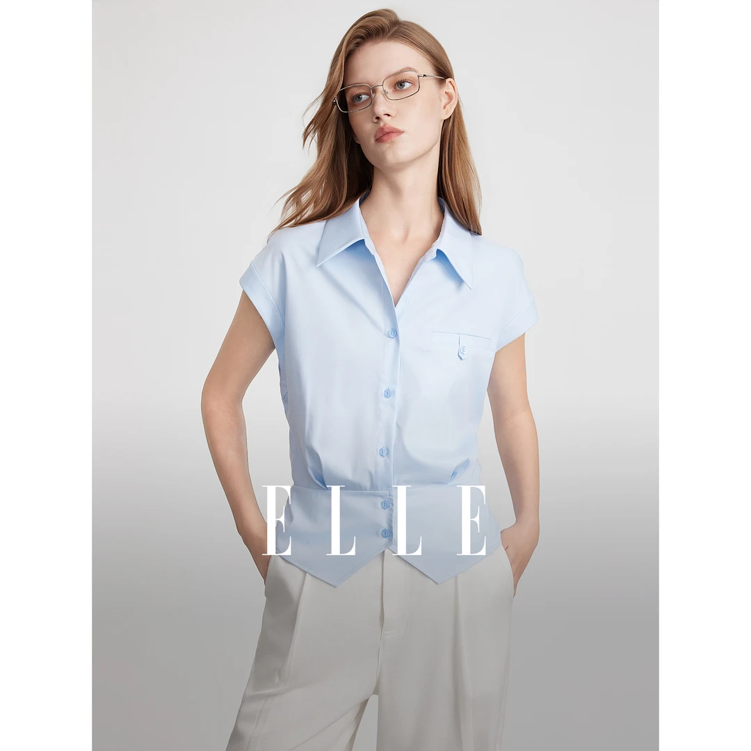 ELLE法式通勤简约收腰衬衫女2025夏季新款翻领设计感EC51804