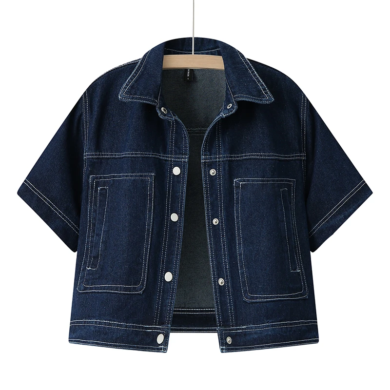 港风复古牛仔短袖外套女春夏高级感明线薄款休闲时尚衬衣开衫短款