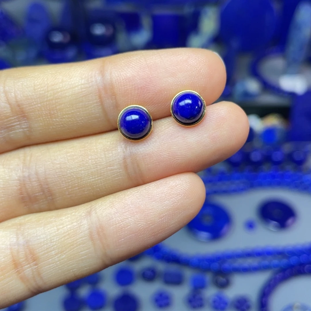 青金石银S925镀金镶嵌7mm耳饰