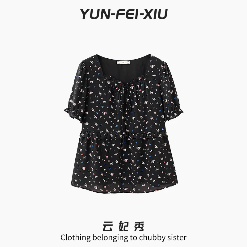 云妃秀大码女装雪纺衫时尚休闲胖妹妹气质减龄宽松显瘦上衣夏8062