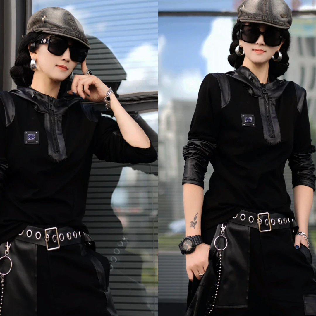 潮牌休闲风长袖时尚帽衫黑色韩版秋季宽松1004