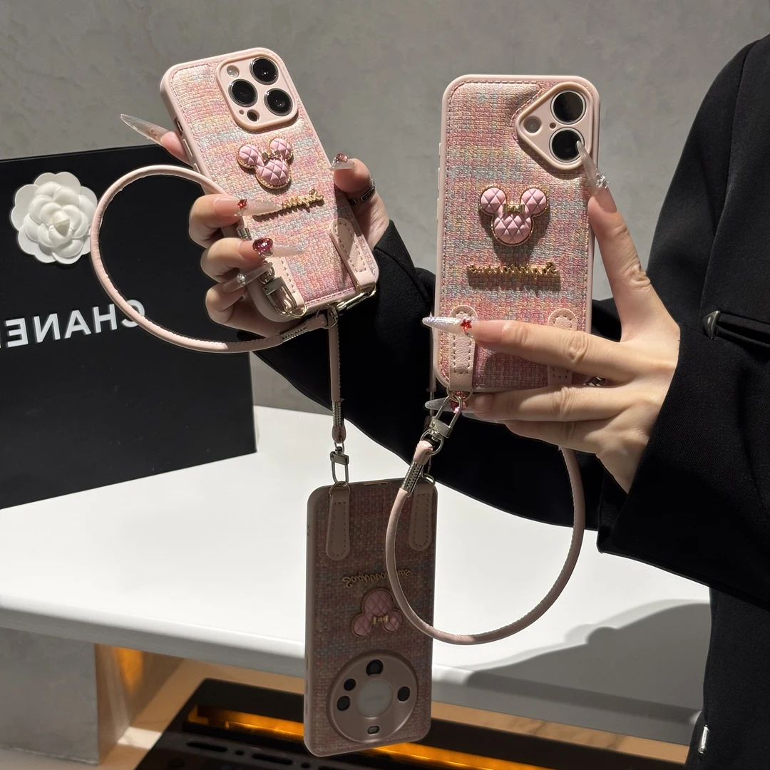 BANCA粉米奇编织纹挂绳适用苹果16/17手机壳iPhone15小米14vivopp