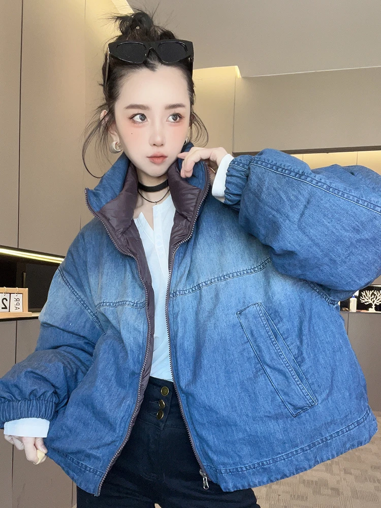 两面穿羽绒服女2025秋冬新款设计师款纯色立领牛仔外套长袖上衣