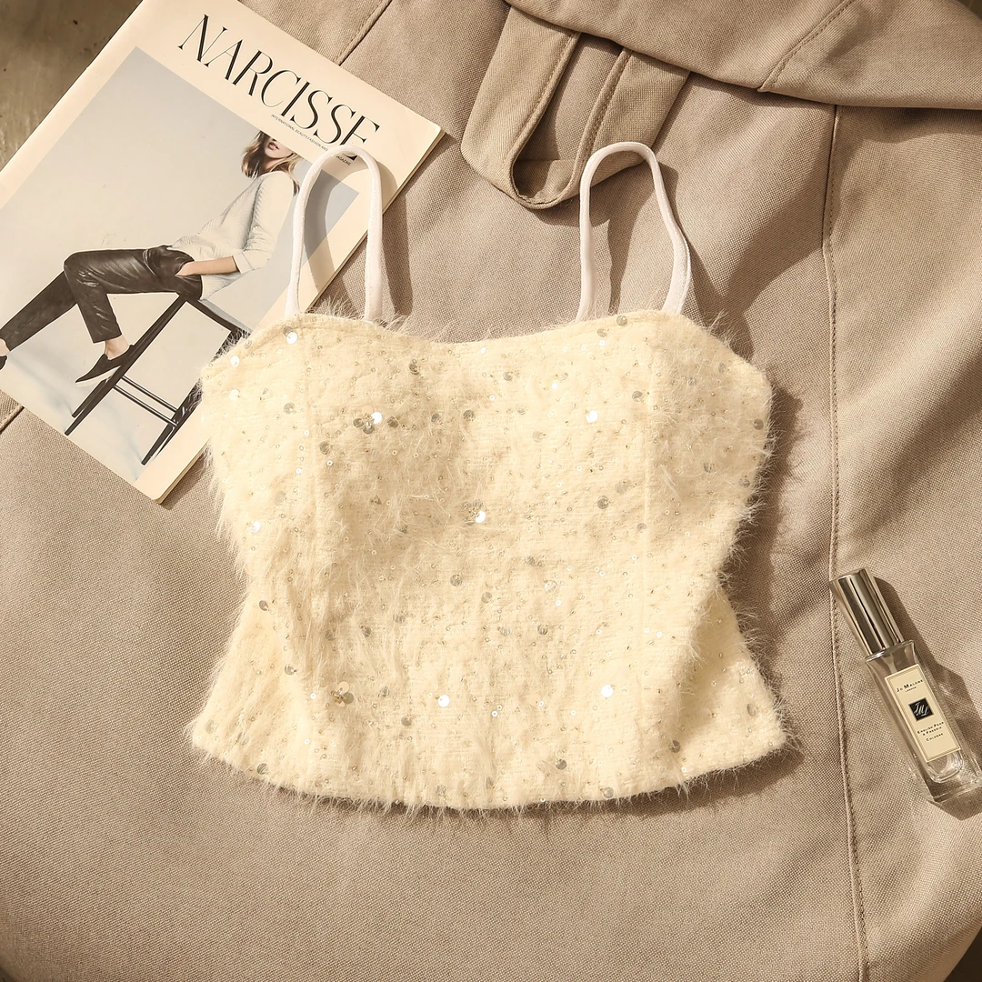 小香风亮片毛边吊带背心女秋冬高级感减龄带胸垫修身打底内搭上衣