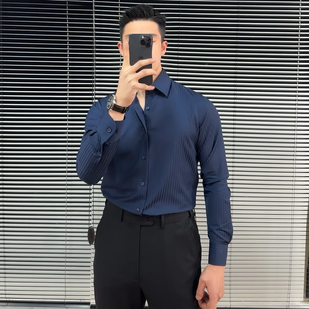 高品质春季商务休闲衬衫男士扣领痞帅休闲衬衣正装衬衣修身条纹