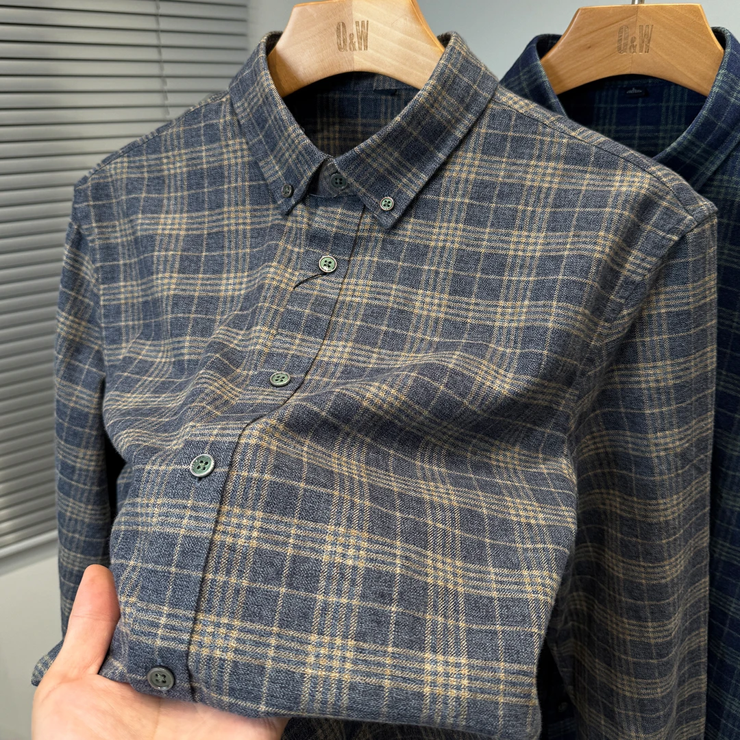 in cotton sea双面磨毛长袖衬衫男士秋冬型款时尚休闲格子衬衣