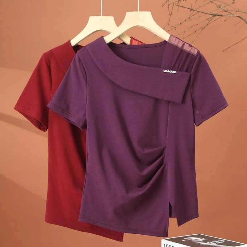 不规则荷叶领短袖t恤女夏季今年年新款洋气小衫减龄短款收腰上衣