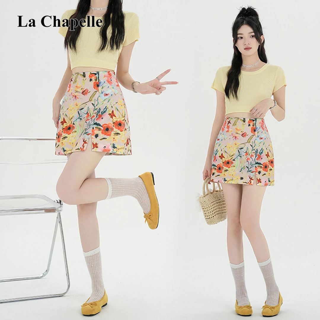 拉夏贝尔复古印花半身裙女夏季2025新款设计感高腰显瘦碎花短裙潮