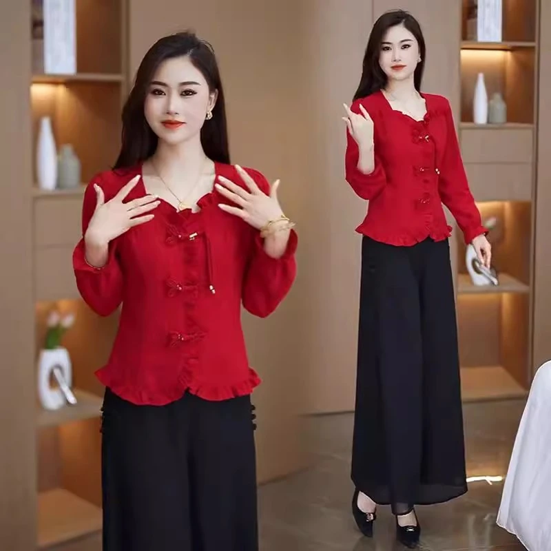 新中式国风时尚套装女2025春季新款洋气盘扣衬衫雪纺阔腿裤两件套