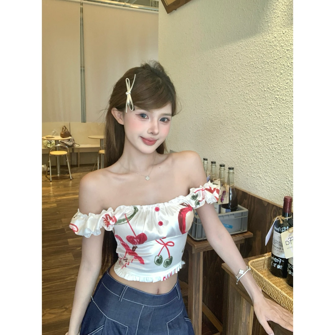 辣妹风涂鸦印花两穿一字肩衬衫女时尚百搭高级设计感绝美别致上衣